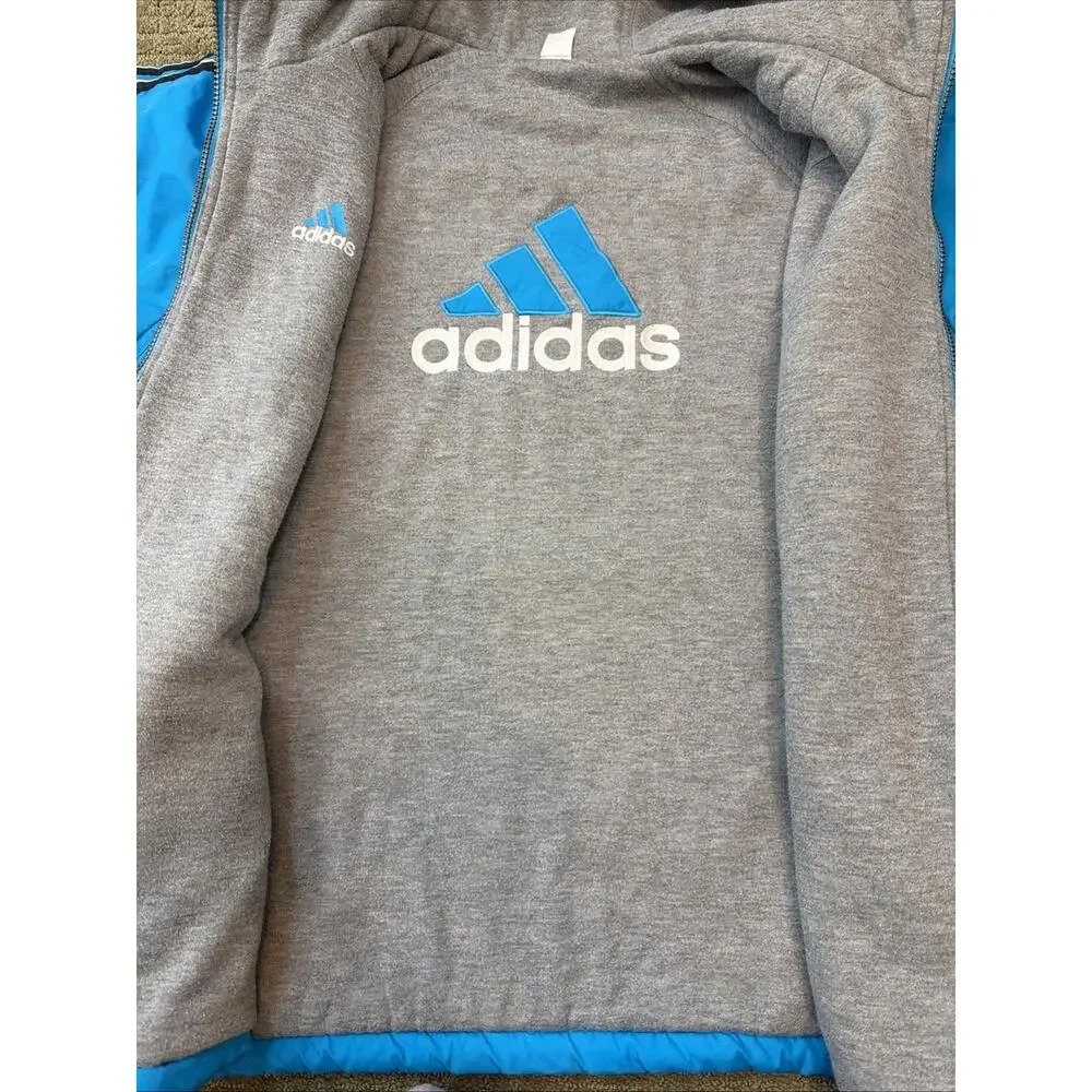 Vtg Adidas Reversible Aqua/Gray Hooded Jacket‎ Sz Large Retro Windbreaker Y2K